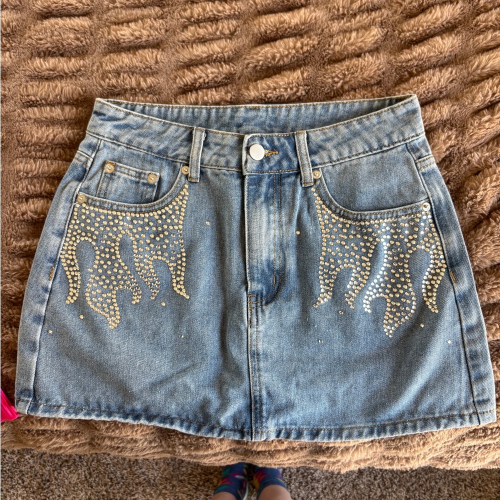 Cider Heating Up Rhinestone Denim Mini Skirt - S